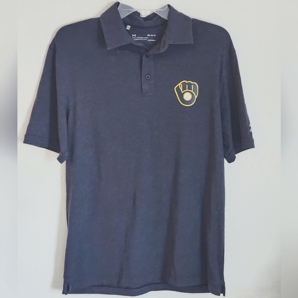 Milwaukee Brewers Under Armour Men's Polo Shirt Collared Logo Heather Navy Sz M - Picture 1 of 6